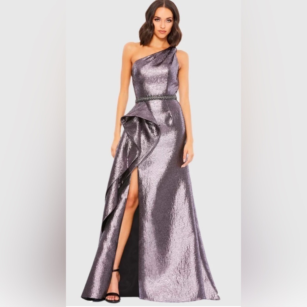 MAC DUGGAL 66975 NWT One Shoulder Metallic Ruffled Evening Gown